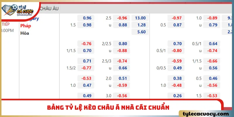 Bảng tỷ lệ kèo châu á nhà cái chuẩn